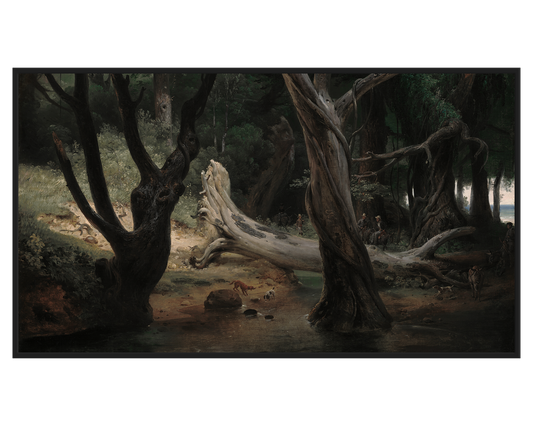 Forest Scene Painting featuring twisted trees and a tranquil stream in a lush setting.
