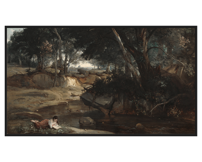 Reading by the Stream, a girl reading beside a calm stream in a lush forest.
