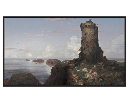 Coastal Tower Painting showing a tower by the sea with a figure and grazing sheep.