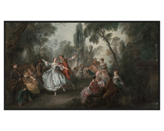 Dance in the Garden painting featuring figures dancing in a lush garden setting.