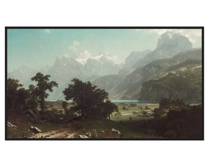 Mountain Landscape Painting featuring majestic peaks and a tranquil river.