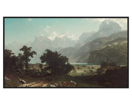 Mountain Landscape Painting featuring majestic peaks and a tranquil river.