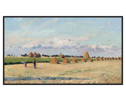 Harvest Landscape Painting showing fields with haystacks and figures under a blue sky.
