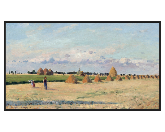 Harvest Landscape Painting showing fields with haystacks and figures under a blue sky.