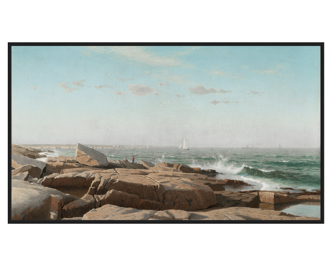 Coastal Rock Painting featuring rocky shorelines and distant sailboats under a clear sky.