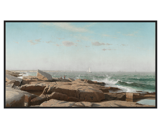 Coastal Rock Painting featuring rocky shorelines and distant sailboats under a clear sky.