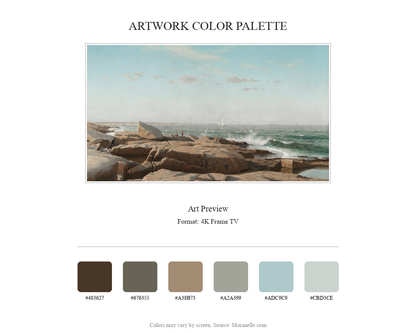 Coastal artwork preview with a palette of blue, beige, and green tones.