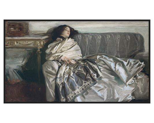 Resting Woman Painting featuring a serene woman on a couch wrapped in a blanket.