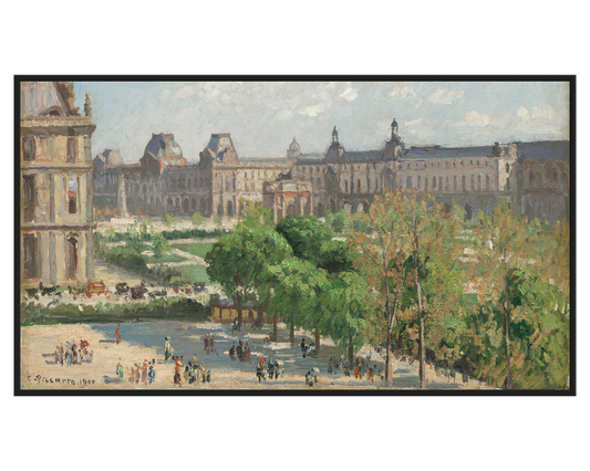 Louvre Garden Painting showing lush greenery and visitors in the foreground with historic buildings in the background.