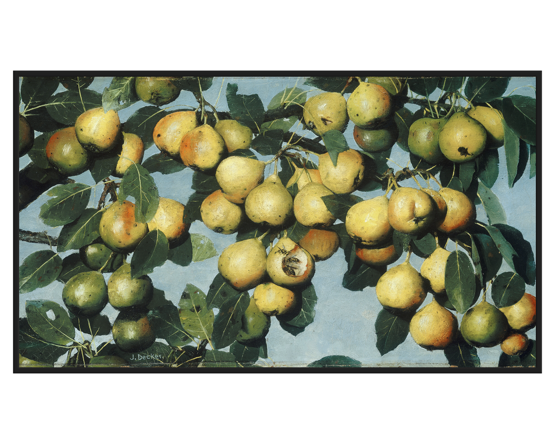 Pear Tree Painting featuring ripe pears and lush green leaves against a blue background.