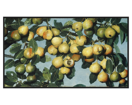 Pear Tree Painting featuring ripe pears and lush green leaves against a blue background.