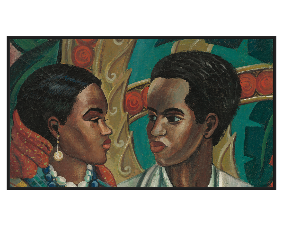 Couple Portrait Painting featuring two individuals in profile with vibrant colors.