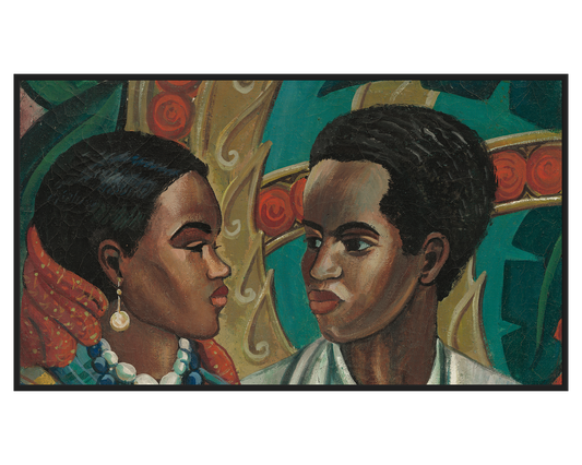 Couple Portrait Painting featuring two individuals in profile with vibrant colors.