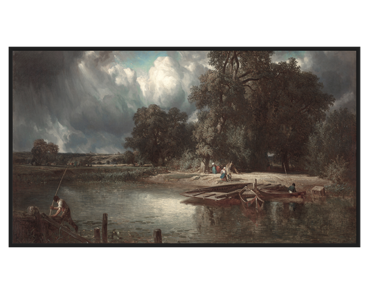 Riverside Scene Painting showing fishermen by a tranquil river under a dramatic sky.