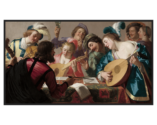 Musical Gathering Painting featuring musicians playing instruments in a lively scene.