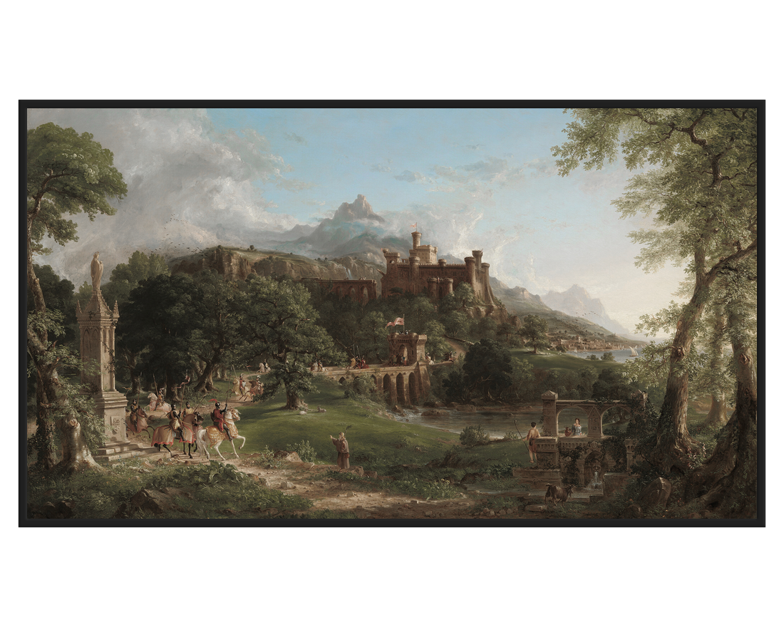 Majestic Landscape Painting with a castle, trees, and figures on horseback.