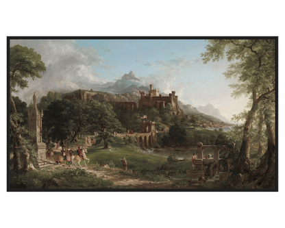 Majestic Landscape Painting with a castle, trees, and figures on horseback.