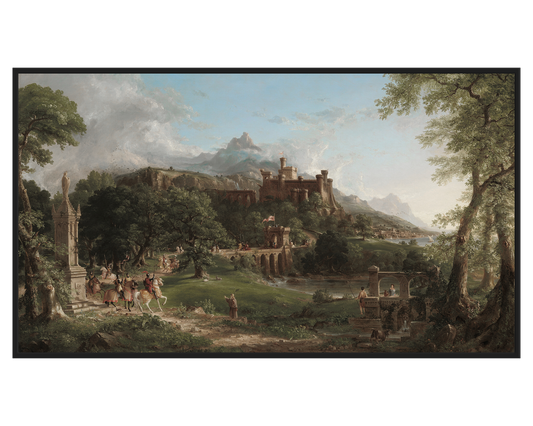 Majestic Landscape Painting with a castle, trees, and figures on horseback.