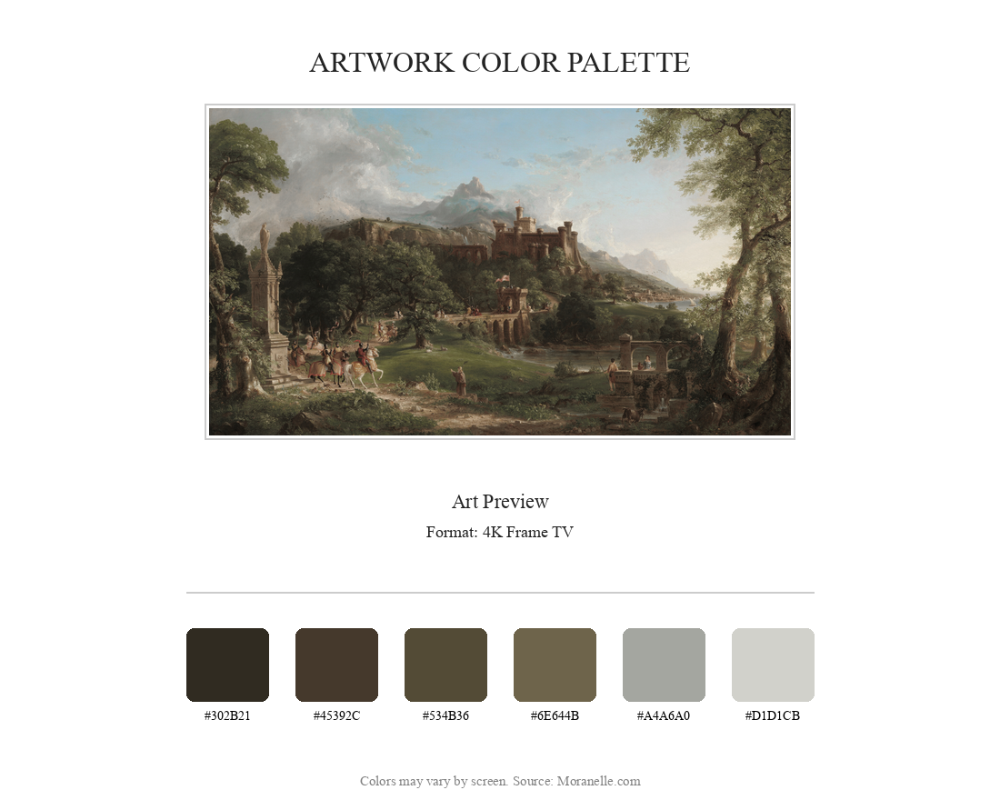 Color palette featuring greens, browns, and blues.