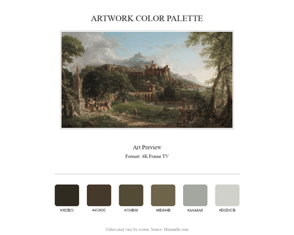 Color palette featuring greens, browns, and blues.