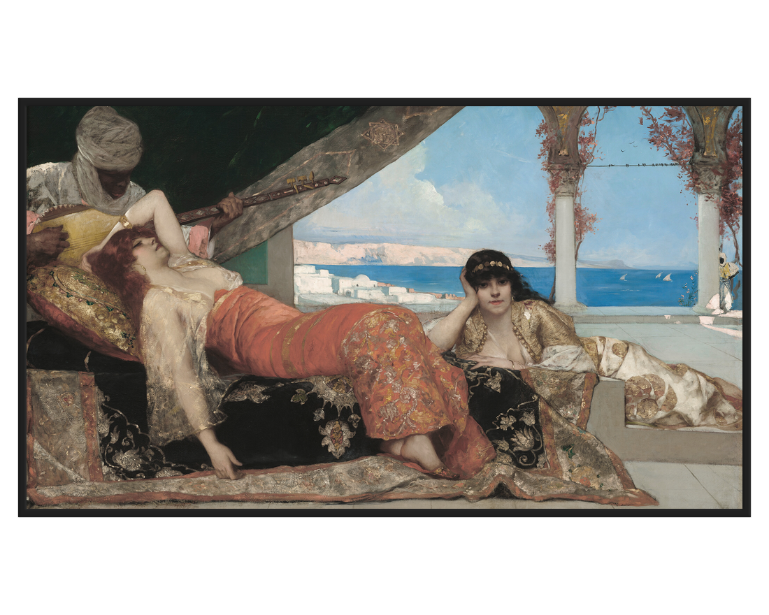Oriental Scene Painting featuring two women lounging with a musician in the background.