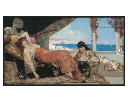 Oriental Scene Painting featuring two women lounging with a musician in the background.