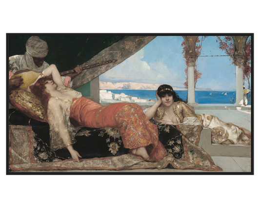 Oriental Scene Painting featuring two women lounging with a musician in the background.
