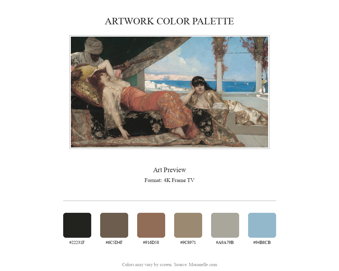 Color palette featuring vibrant reds, golds, and blues.