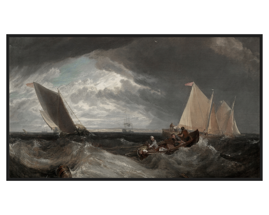 Stormy Sea Painting showing boats navigating rough waters under dark clouds.