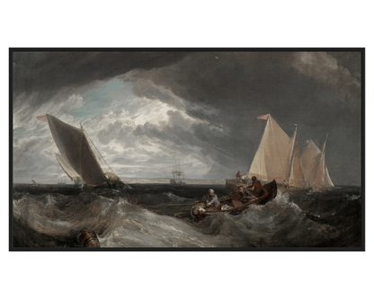 Stormy Sea Painting showing boats navigating rough waters under dark clouds.