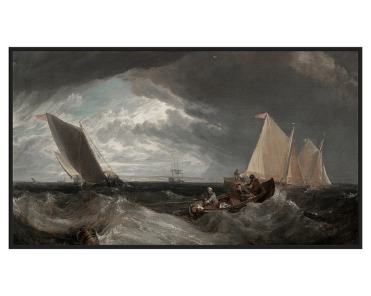 Stormy Sea Painting showing boats navigating rough waters under dark clouds.
