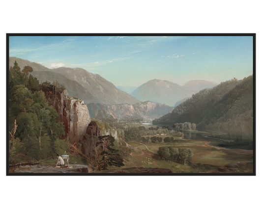 Mountain Landscape Painting showcasing a serene view with cliffs and a river.