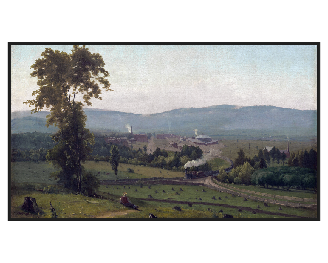Rural Train Landscape with a train in a serene valley and distant hills.