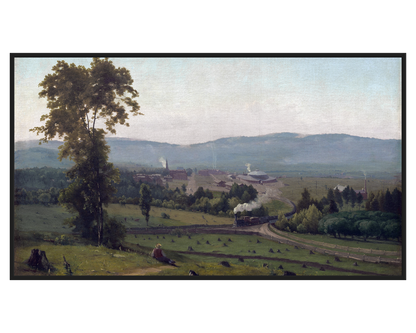 Rural Train Landscape with a train in a serene valley and distant hills.