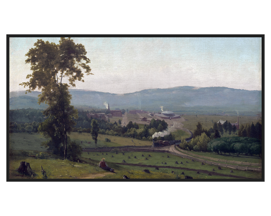 Rural Train Landscape with a train in a serene valley and distant hills.