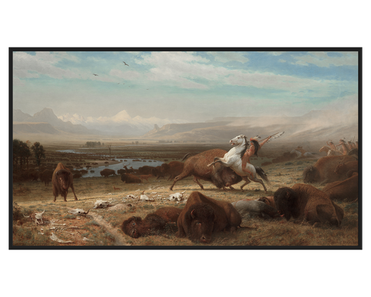 Buffalo Hunt Painting depicting a Native American warrior chasing buffalo in a vast landscape.