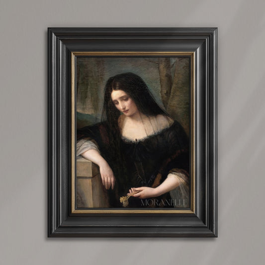 Portrait of a woman in a dark dress holding a flower