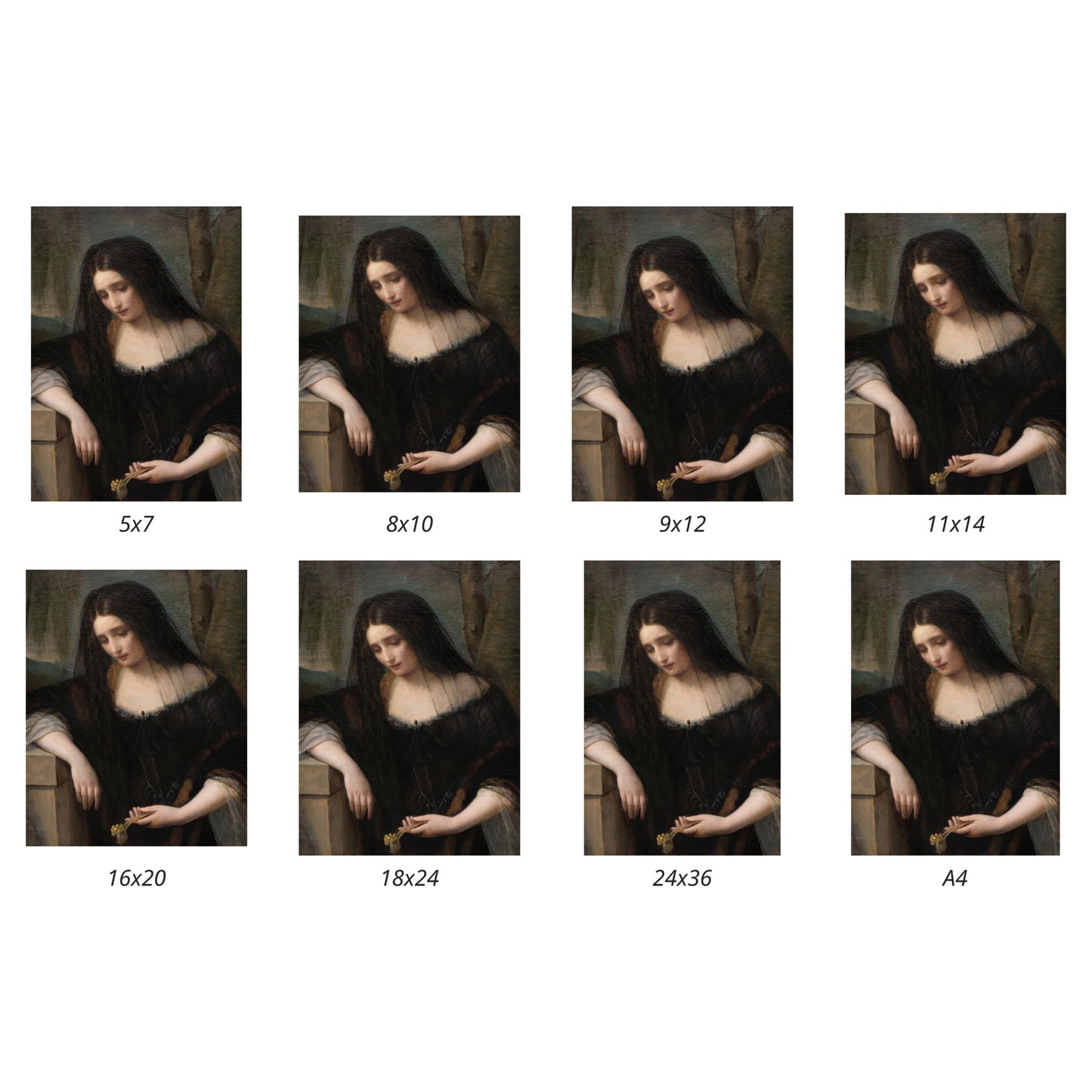 Set of images showing a woman in a dark dress with different sizes labeled below each.