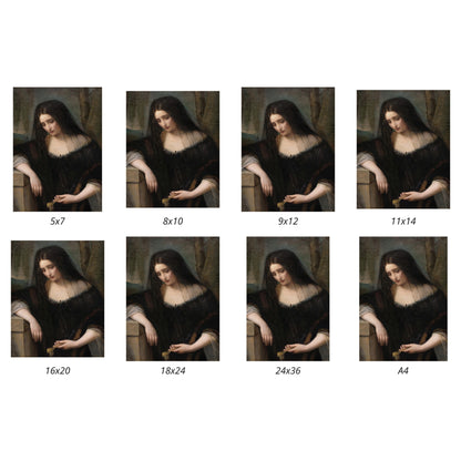 Set of images showing a woman in a dark dress with different sizes labeled below each.