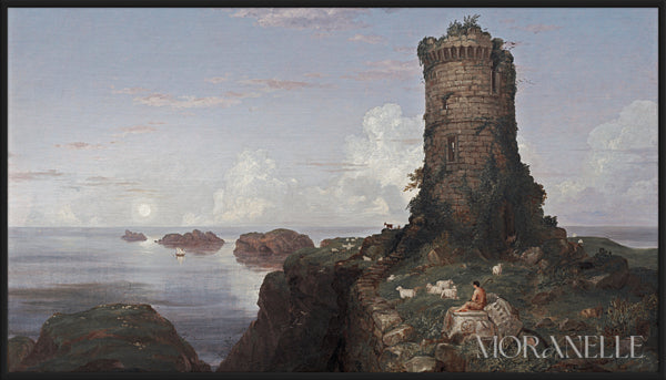 Coastal Tower Painting showing a tower by the sea with a figure and grazing sheep.