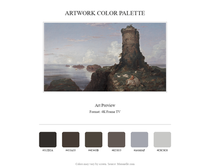 Color palette featuring soft blues, greens, and earthy tones.
