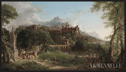 Thomas Cole The Departure Painting showing a castle, trees, and figures on horseback.