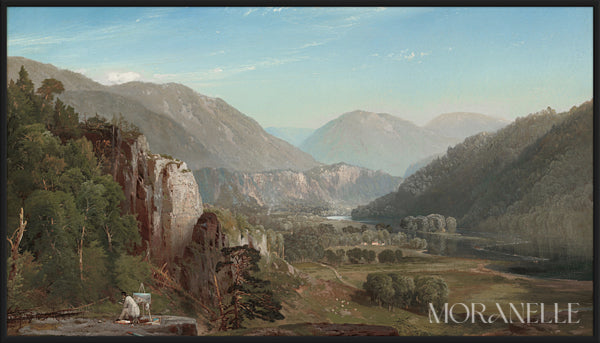 Mountain Landscape Painting showcasing a serene view with cliffs and a river.