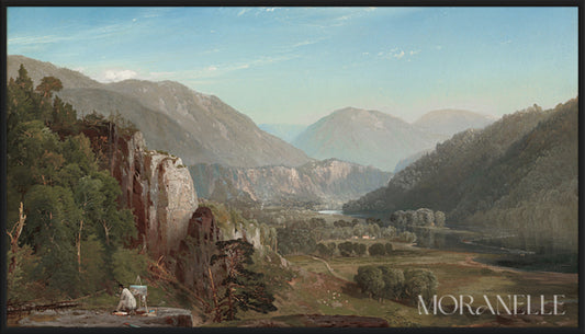 Mountain Landscape Painting showcasing a serene view with cliffs and a river.