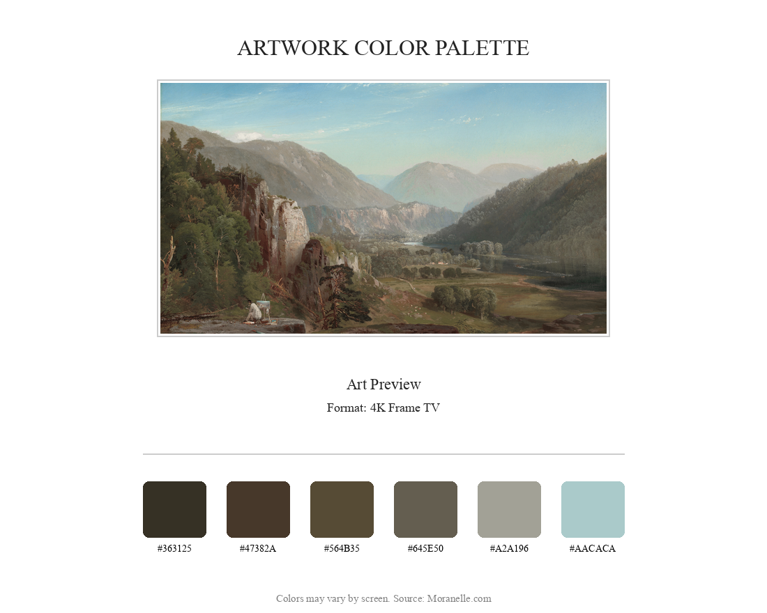 Thomas Moran, The Juniata, Evening, Color palette featuring greens, blues, and browns from the mountain landscape.