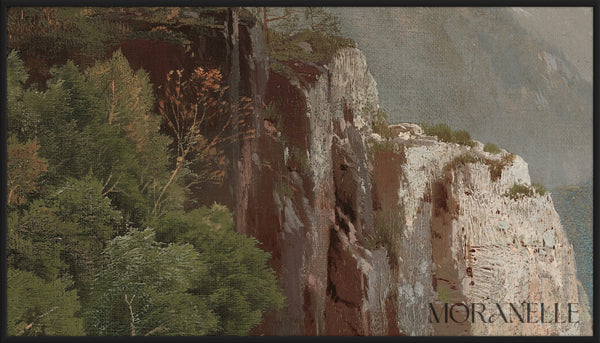 Mountain Landscape Painting details showcasing cliffs and green foliage.