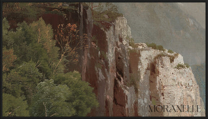 Mountain Landscape Painting details showcasing cliffs and green foliage.