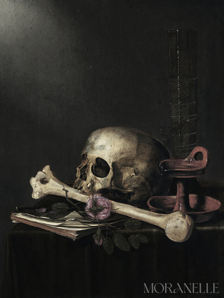 Still life print with skull, bones, and flowers on a dark background.