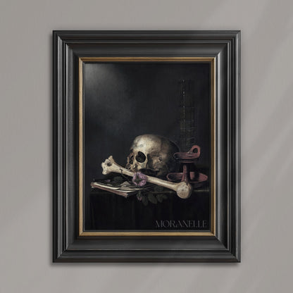 Still life print with skull, bones, and flowers on a dark background.