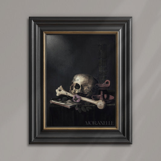 Still life print with skull, bones, and flowers on a dark background.